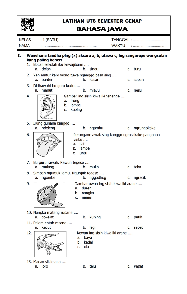 Soal Pts Bahasa Jawa Kelas 2 Semester 2 - Piffle me