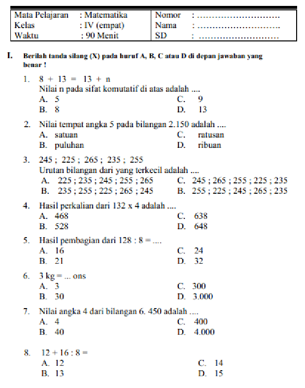 Contoh Soal Ujian Sementer 1 Matematika Kelas 8 Doc - Kita Belajar