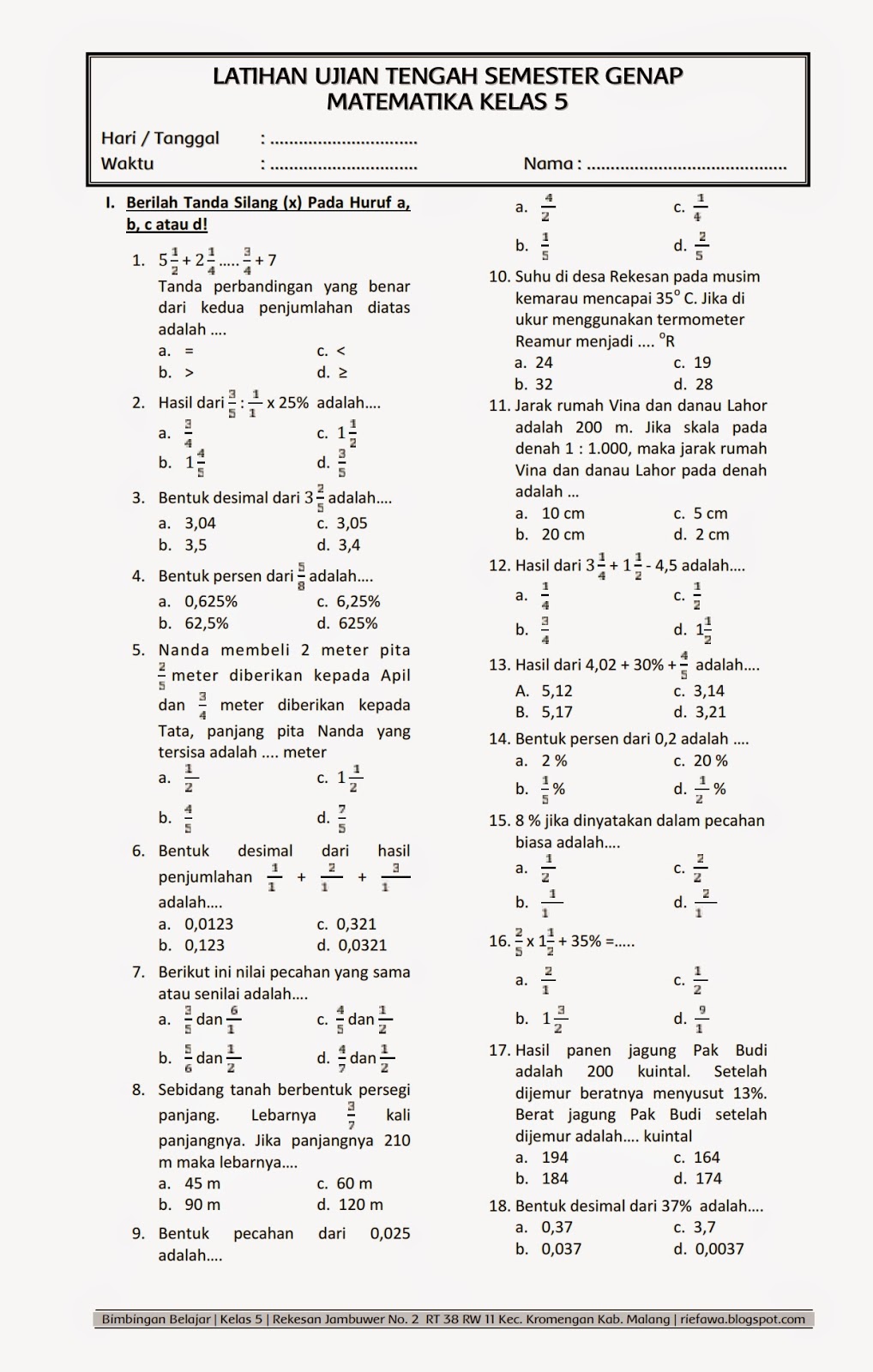 Soal Uts Matematika Kelas 3 Semester 1 Kurikulum 2013 Dalchaebi