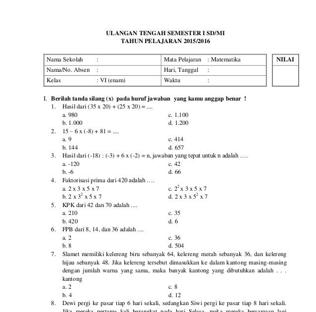 latihan soal matematika kelas 6 semester 1