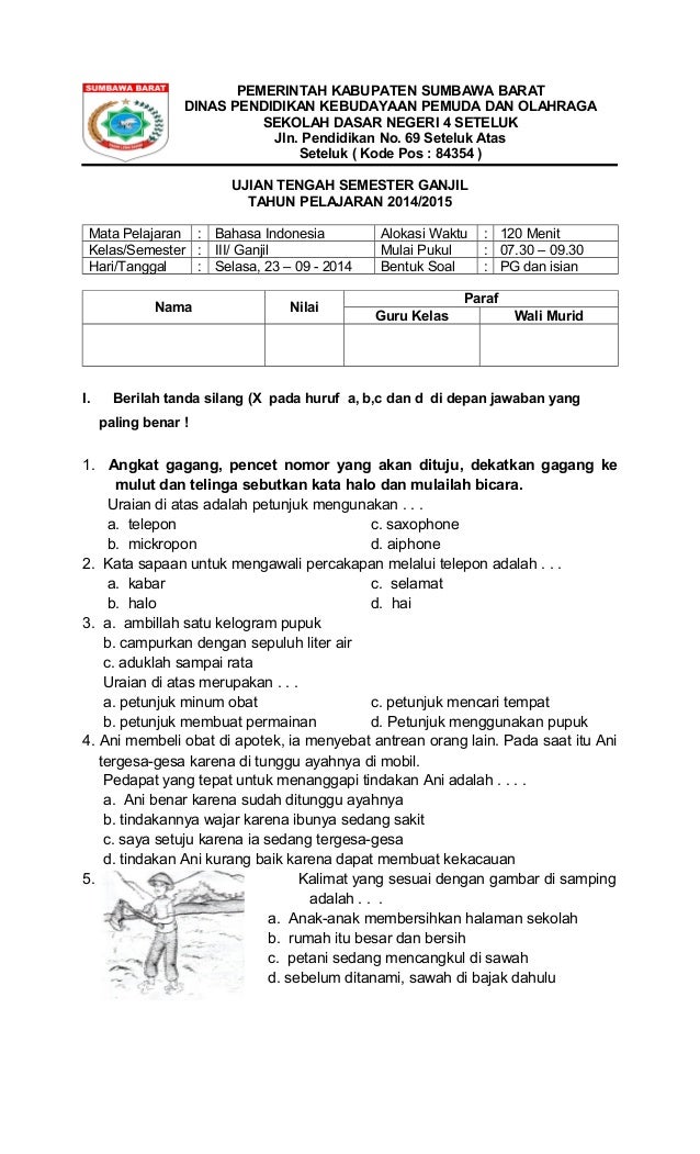 soal bahasa indonesia uts kelas 3 semester 1