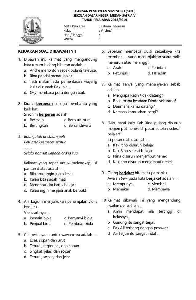 soal soal ulangan harian kelas 5 semester 1