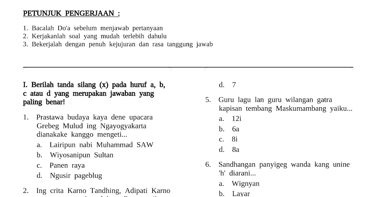 Paket 1 Soal SAT Bahasa Jawa SD Kelas 5 Semester 2 dan Kunci Jawaban