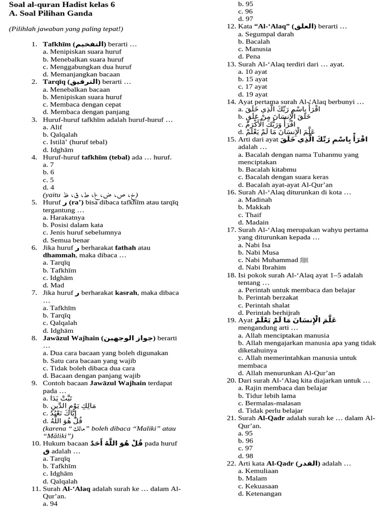 Soal Al-Quran Hadist Kelas 6 Abah PDF