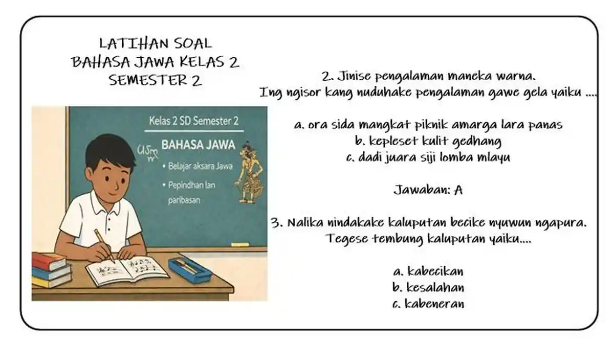 15 Soal Bahasa Jawa Kelas 2 Semester 2 Pilihan Ganda dan Kunci Jawaban