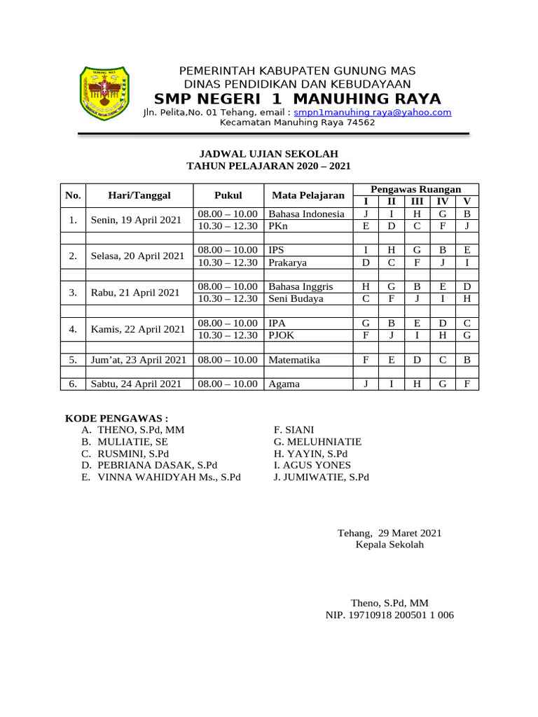 Jadwal Ujian Sekolah 2021 SMP Negeri 1 PDF