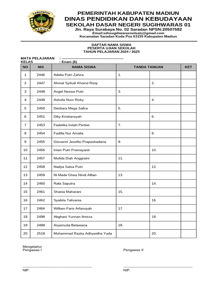 Daftar Siswa Ujian Sekolah SDN Sugihwaras 01 PDF