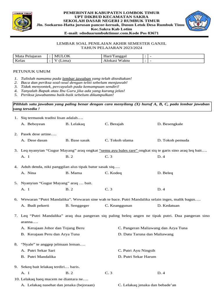 Soal Mulok Kelas 5 Ganjil 2024 PDF