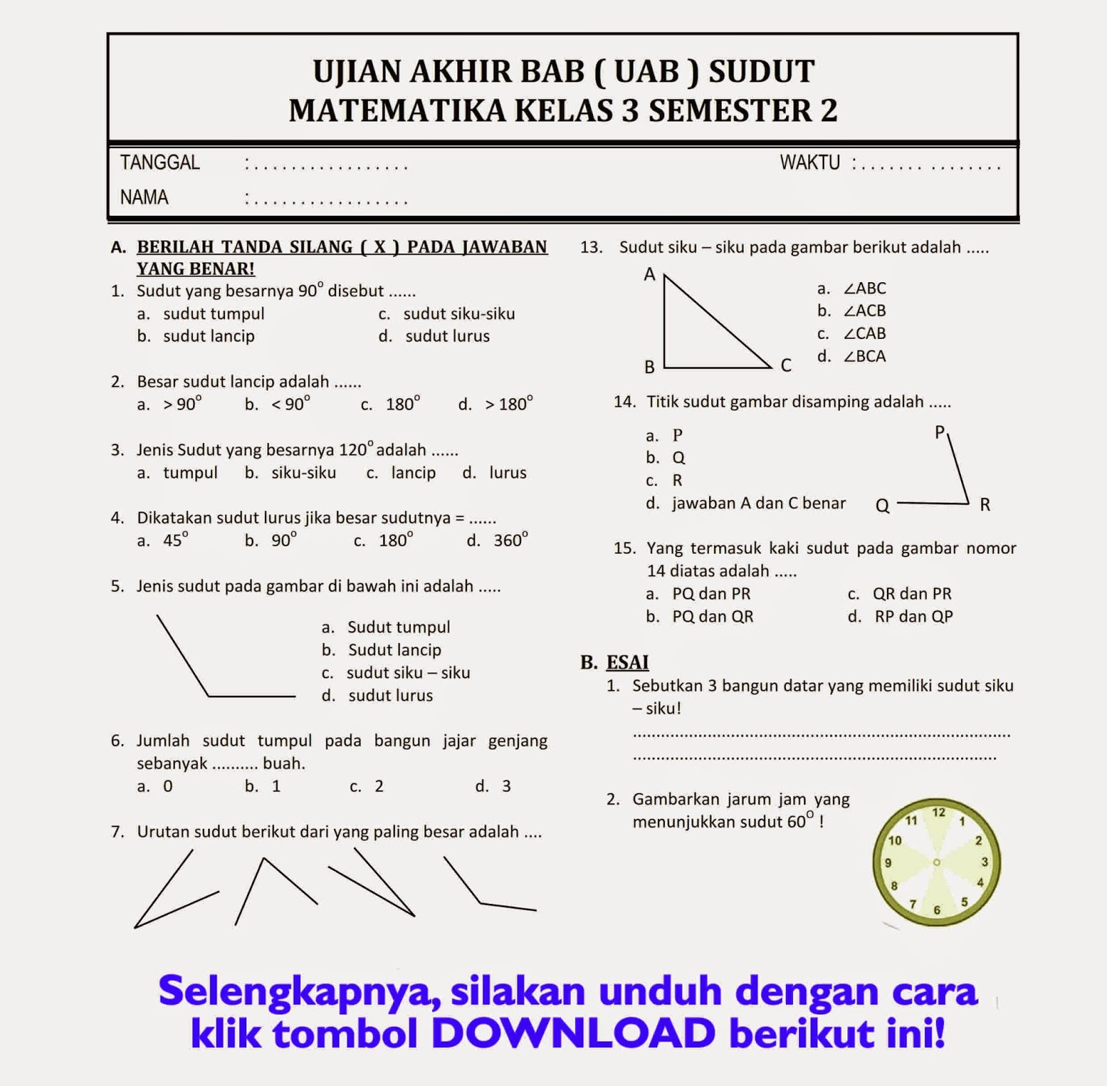 5 Contoh Soal Tengah Smster 2 Kelas 3 Matematika KTSP yang Sering Muncul