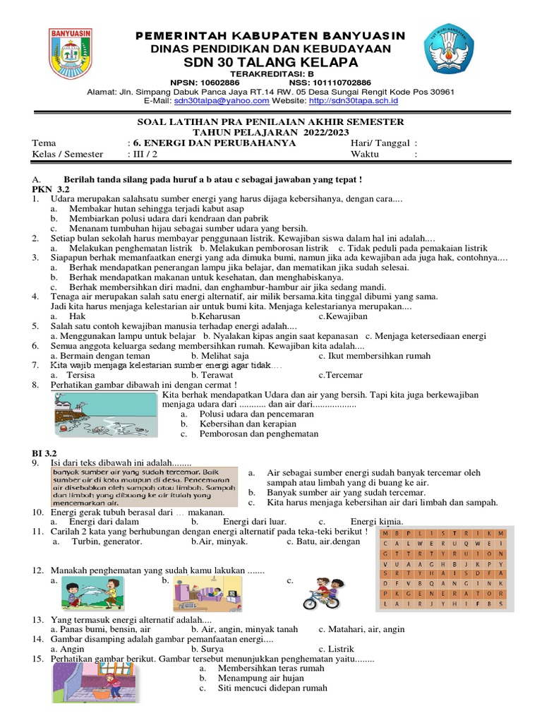 Soal Pat Kelas 3 Tema 6 PDF Soal Pat Kelas 3 Tema 6 PDF