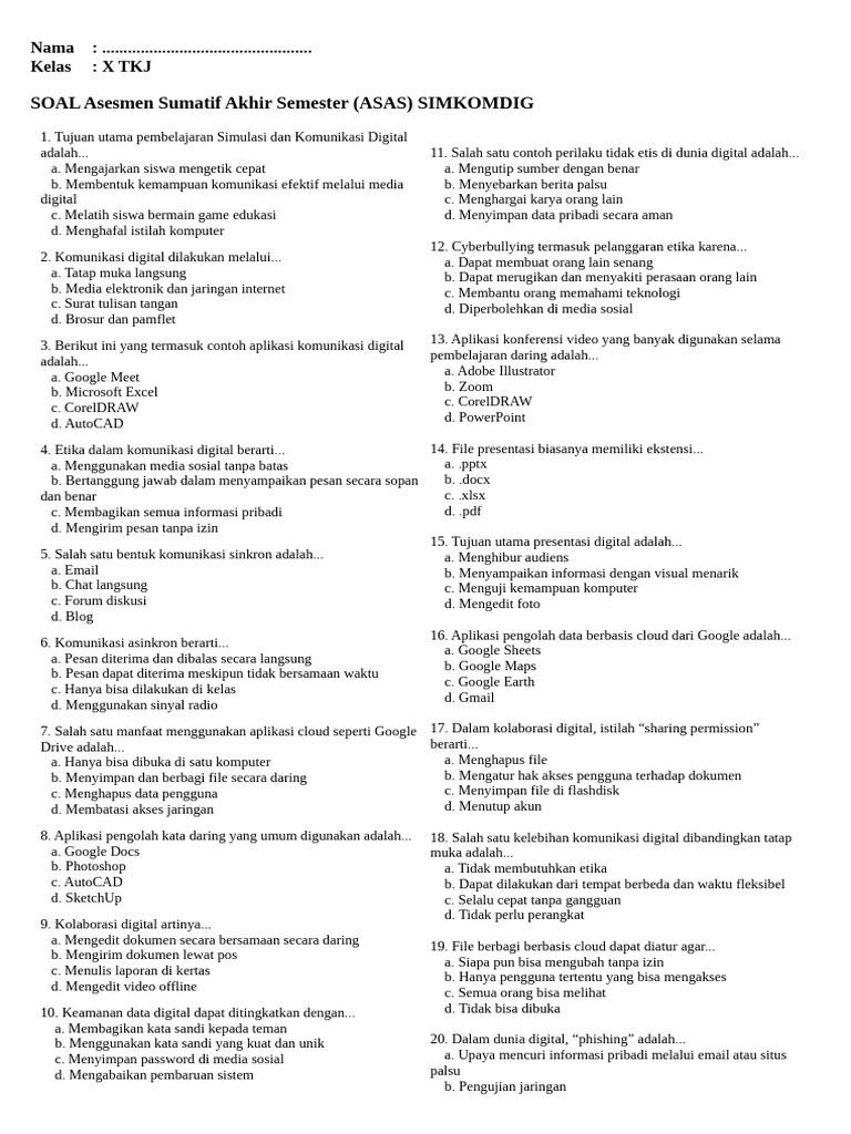 Soal ASAS SIMKOMDIG Kelas 10 TKJ PDF Soal ASAS SIMKOMDIG Kelas 10 TKJ PDF