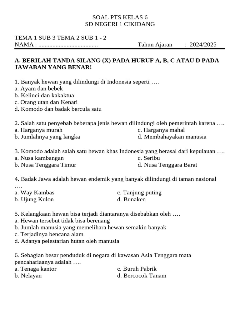 Soal PTS 3 TEMATIK TEMA 3 SUB 2 DAN 3 Kelas 6 SMT PDF