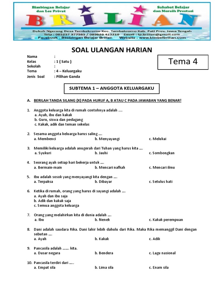 Kumpulan soal tematik kelas 1 sd tema 4 keluargaku yang wajib dikuasai siswa sekarang