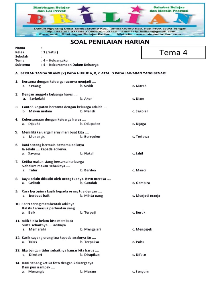 Wajib Tahu! Bocoran soal tematik kelas 1 sd tema 4 subtema 4 Paling Akurat