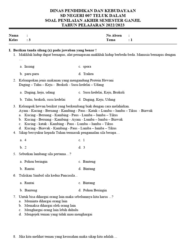 Wajib Tahu Koleksi soal uas kelas 3 sd semester 1 kurikulum 2013 pdf Terbaru Ini